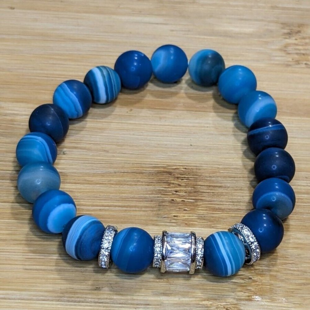 New Unisex New Blue Matte Botswana Agate Baguette Pave Bracelet 10mm